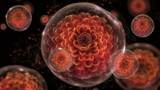Fiery flower orbs in transparent spheres