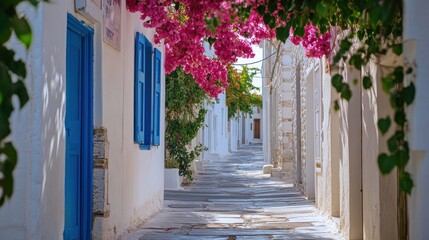 Bougainvillea flowers on narrow stone street in Mediterranean village