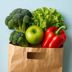 Vibrant Fresh Vegetables and Fruit in a Brown Paper Grocery Bag