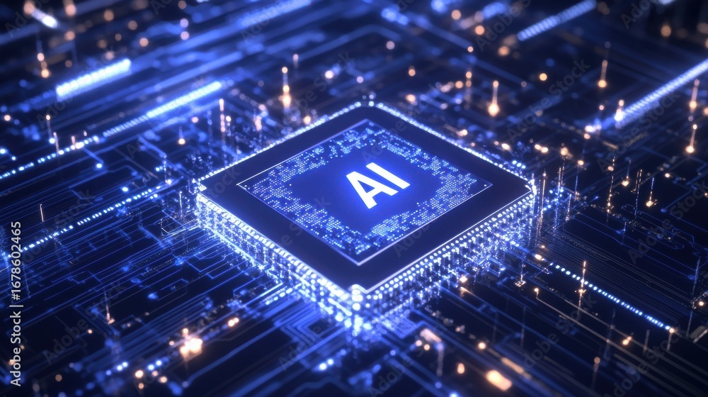 Poster futuristic computer chip with glowing ai letters in abstract setting