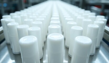 Fototapeta premium Overhead close-up of white plastic hand cream tubes with sealed caps, neatly aligned on a stainless steel conveyor, highlighting texture and reflections, ideal for cosmetics production and packaging