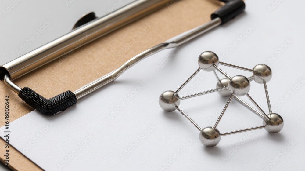 Poster intricate arrangement of a pen and a molecule model on a clipboard illustrating the concept of conne