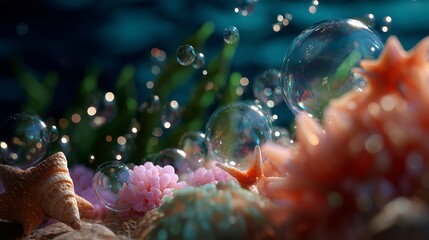 Underwater close-up of colorful sea life with bubbles and shells amidst vibrant corals