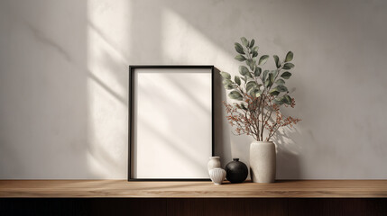 Modern minimalist poster mockup with black frame, ceramic vases and dried foliage on wooden console