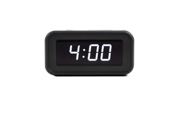 Close up of digital alarm clock displaying 4:00, photorealistic, on white background.