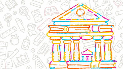 Illustration of a colorful building facade with columns and books on a background with school supplies