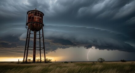 Dramatic thunderstorm with lightning strikes a rusty water tower in a vast prairie landscape