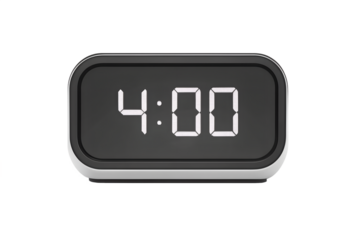 Close up of digital alarm clock displaying 4:00, photorealistic, on white background.