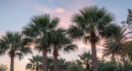 Fototapeta premium Palm Trees Against a Pastel Sky, A Tropical Paradise at Sunset, Vacation Dream.
