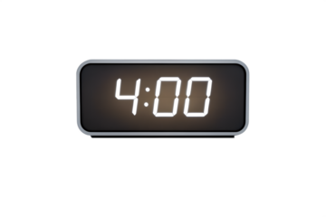 Close up of digital alarm clock displaying 4:00, photorealistic, on white background.