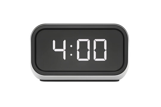 Close up of digital alarm clock displaying 4:00, photorealistic, on white background.