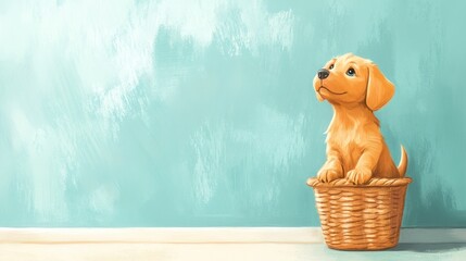 A playful puppy is sitting in a wicker basket, peering over the edge into the room behind it. cartoon style