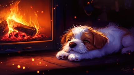 A puppy is sleeping comfortably by the fireplace in a cozy living room, in a cartoon style.