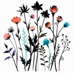 Wildflowers Set Black Silhouette Vector Illustration on White Background