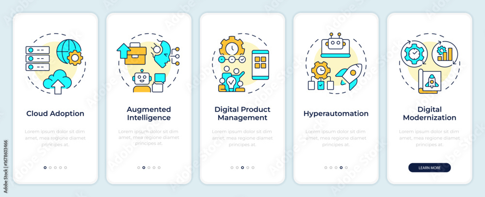 Poster digital technologies onboarding mobile app screen. business processes. walkthrough 5 steps editable 