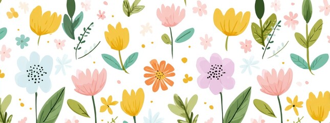 Colorful floral pattern with various flowers and leaves