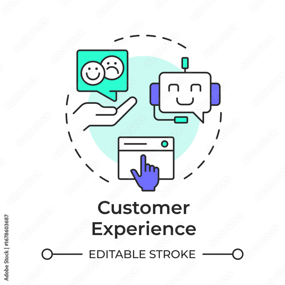 Poster customer experience multi color concept icon. user support. artificial intelligence, chatbot. round 