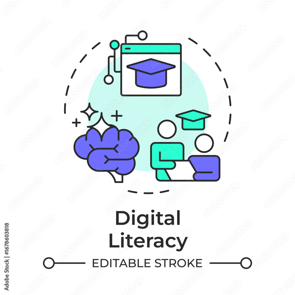 Poster digital literacy multi color concept icon. student teaching. education, knowledge. round shape line 