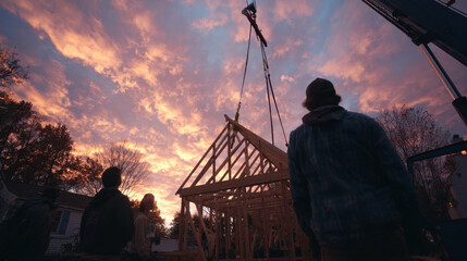 Timber frame structure being lifted into place at sunset with workers observing the construction process