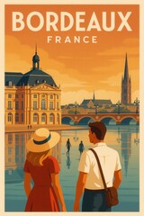 Illustration of Bordeaux showing couple viewing reflection pool, Place de la Bourse, cathedral spires, bridge and calm river during sunset