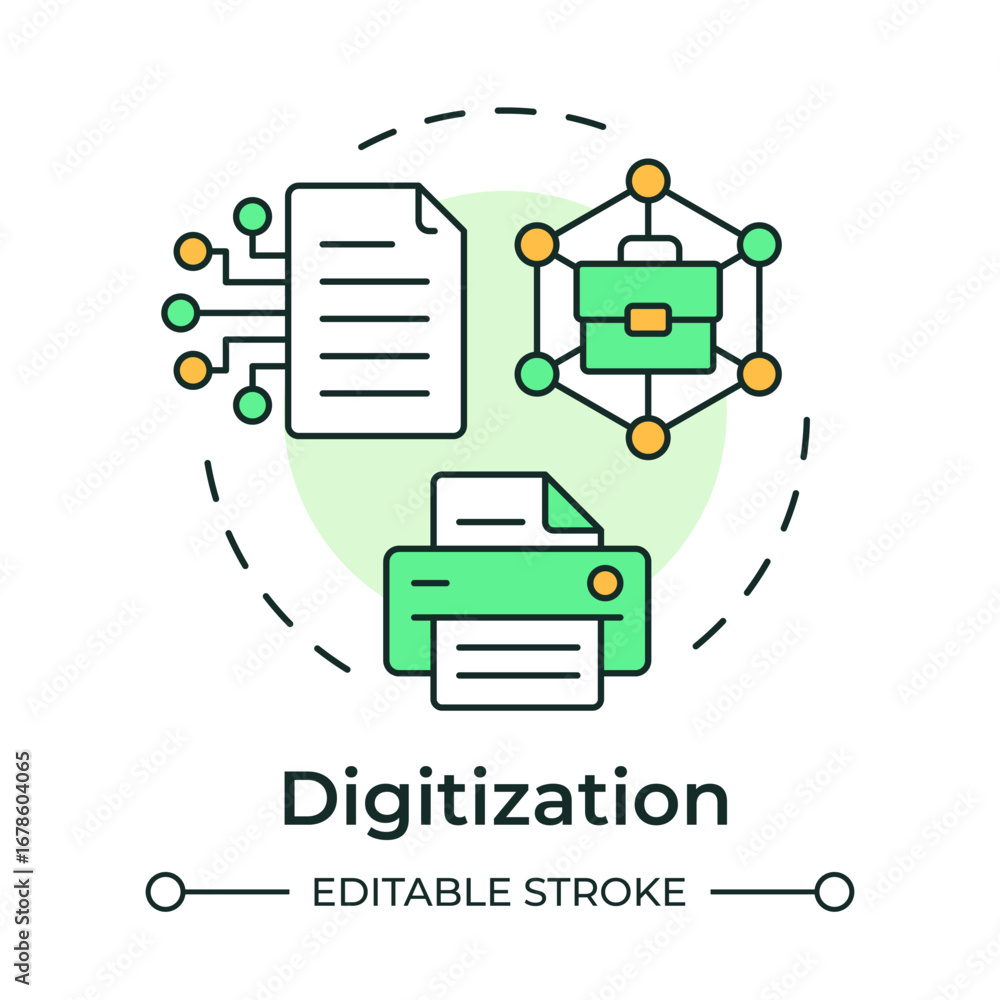 Poster digitization multi color concept icon. paperwork organization, data processing. round shape line ill