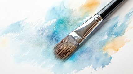 Paintbrush lying on watercolor paper in serene indoor studio