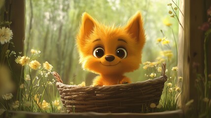 The puppy is comfortably settled in a basket, against a backdrop of a meadow and flowers. His tiny ears are perked up as he takes in his surroundings. The scene is rendered in a cartoon style.