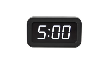 Digital alarm clock with glowing LED display showing 5:00, isolated on white background.