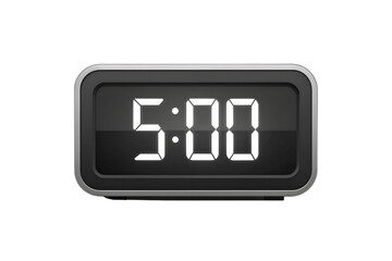 Digital alarm clock with glowing LED display showing 5:00, isolated on white background.