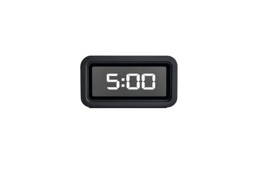Digital alarm clock with glowing LED display showing 5:00, isolated on white background.