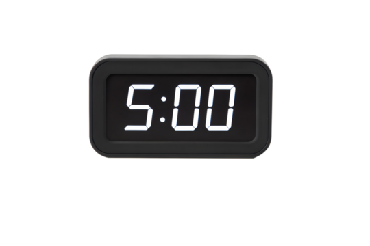 Digital alarm clock with glowing LED display showing 5:00, isolated on white background.