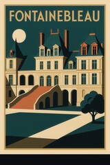 Naklejka premium Dark toned travel poster showing Château de Fontainebleau illuminated by moonlight with clear night sky and central staircase in Fontainebleau, France