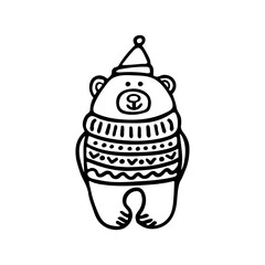 Christmas bear in winter hat and sweater, simple line drawing for festive design element or coloring.
