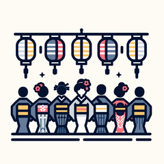 Group of women in kimonos celebrating Bon Odori festival with lanterns  