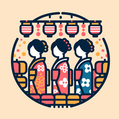 Three women in colorful kimonos at Bon Odori Festival with lanterns  