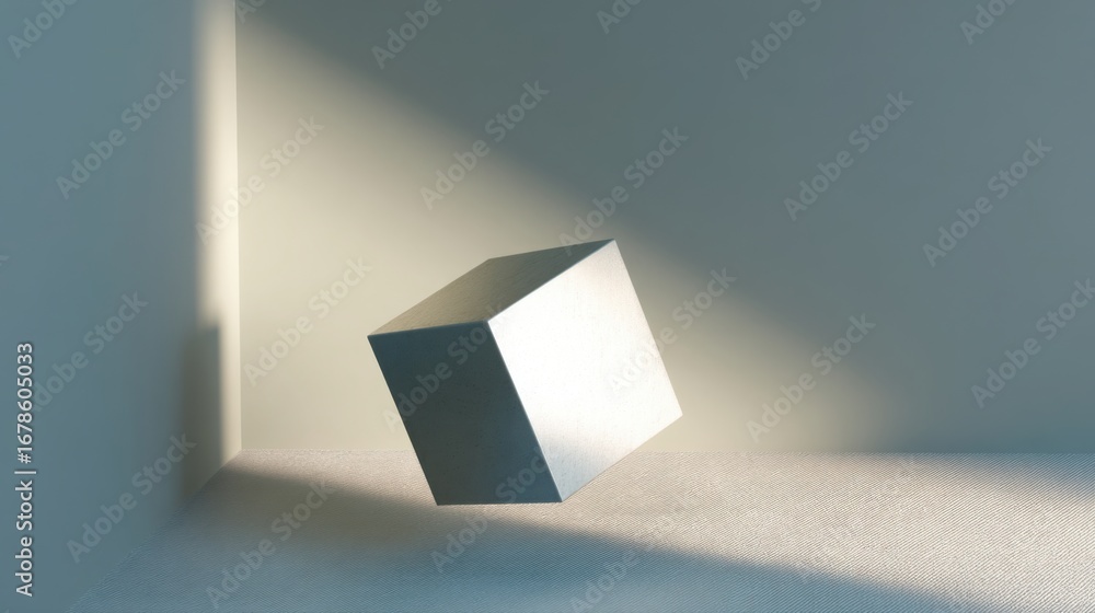Poster a minimalistic white cube casting intriguing shadows in a contemporary room setting with modern desi