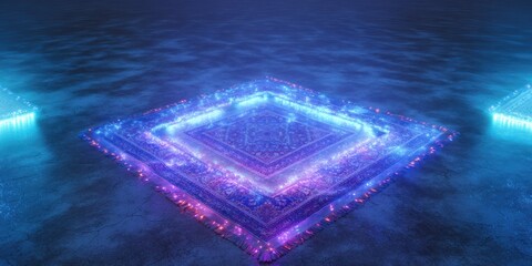 A mesmerizing, digitally rendered image showcases a large, ornate rug illuminated by vibrant blue and purple light. The rug?s intricate pattern is highlighted by a network of glowing