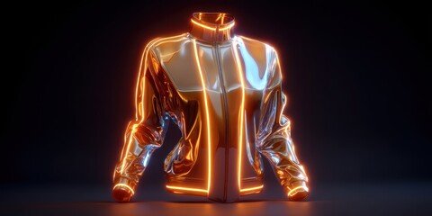 A sleek, futuristic jacket glows with intense orange and gold light, creating a dramatic, almost holographic effect. The jacket?s design features sharp lines and a zipper running down the front, 