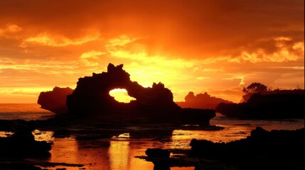A vibrant sunset over the ocean highlights striking rock formations with a natural arch framing the sun,