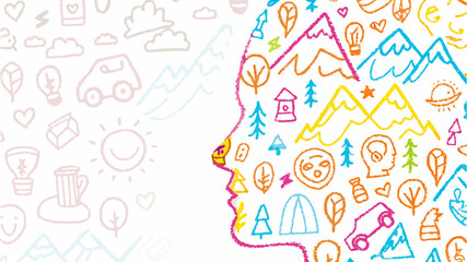 Silhouette of a head filled with colorful doodles of nature scenes and everyday objects on white background
