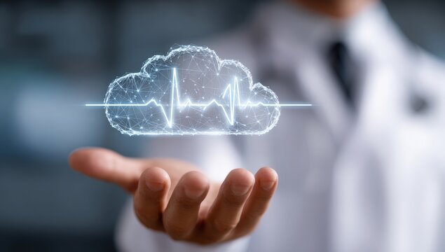Doctor holds a digital heart cloud