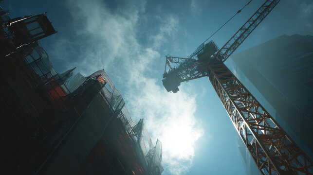 Tower crane and construction site view from below against bright sun and cloudy blue sky