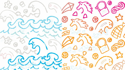 Whimsical doodle pattern with waves, horses, kites, and stars in pastel crayon style illustration