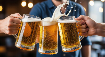 Artistic Frothy Lager Craft Beer Foam Flying Splash Spilling Moment With Three Mugs Men Clinking Toast Cheers Pub. Celebratory Drink, Condersation Drops. Oktoberfest, St. Patrick's Day, Beer Festival