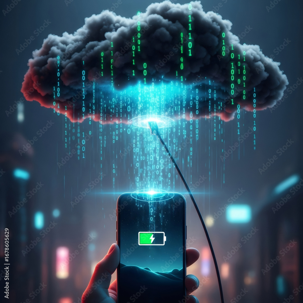 Poster man holding smartphone with charging icon as data streams from cloud. cloud computing technology and