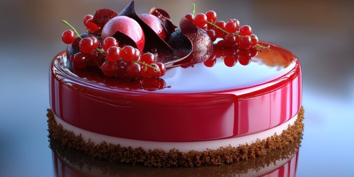 A stunning, glossy red cake sits elegantly on a reflective surface. The cake features a smooth, vibrant red glaze, a textured chocolate crumb border, and a layer of white frosting. 