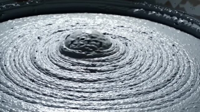 Close Up of Zinc Concentrate in Thickening Tank with Silvery Gray Hue and Concentric Circular Pattern Featuring Central Mound, Illuminated with Bright Light Perfect for Industrial Material