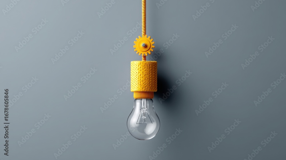 Poster unique light bulb with attached yellow component signifying power and functionality in a modern desi