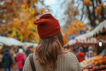 Seasonal autumn fair market with bright warm autumn colors, people crowd shopping having fun, Generative AI