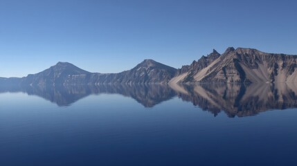 Fototapeta premium A serene landscape featuring a large body of water surrounded by historic volcanic peaks in a high-altitude region,